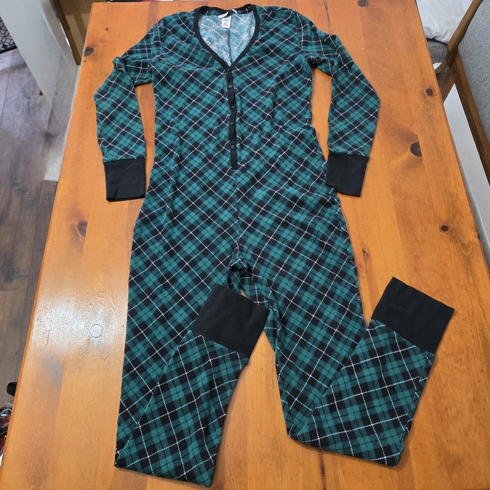 Victoria's Secret Green Plaid Thermal V-Neck Union Suit Long John PJs Size M